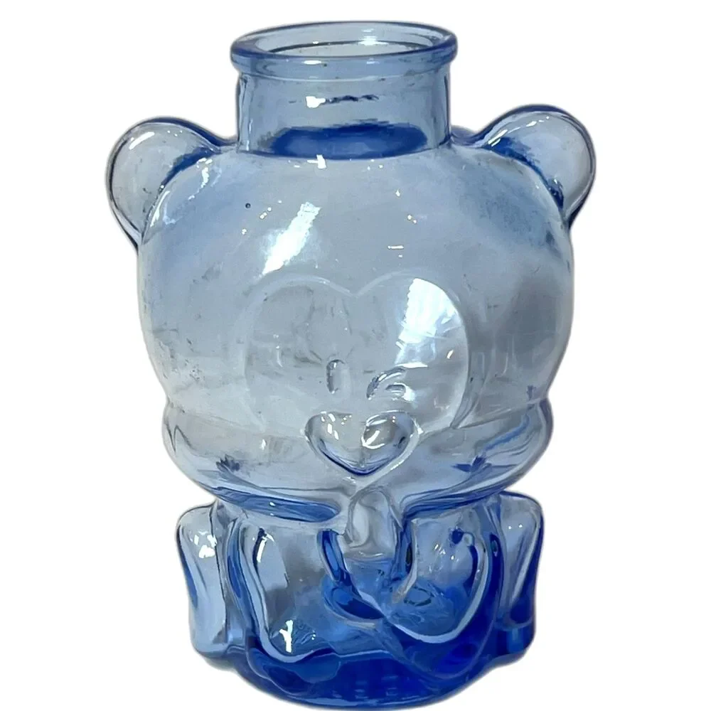 Vintage Morning Glory Blue Glass Bear Jar Vase Art Glass Bottle 76019 No Stopper